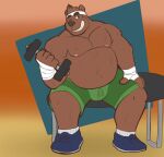  2019 anthro belly black_nose bodily_fluids bottomwear brown_body clothing dippubear exercise hi_res humanoid_hands male mammal moobs nipples one_eye_closed overweight overweight_male shorts sitting solo sweat ursid wink workout 