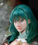  1girl blue_eyes byleth_(fire_emblem) byleth_(fire_emblem)_(female) closed_mouth detached_collar fire_emblem fire_emblem:_three_houses green_hair portrait simple_background solo sword sword_of_the_creator vijoux weapon 