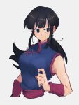  1girl black_eyes black_hair chi-chi_(dragon_ball) china_dress chinese_clothes dragon_ball dragon_ball_(classic) dress grey_background kemachiku long_hair looking_to_the_side ponytail simple_background sleeveless sleeveless_dress solo 