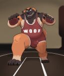 2020 anthro balls_outline black_body black_fur brown_body brown_fur bulge canid canine canis dippubear domestic_dog fur genital_outline hi_res humanoid_hands male mammal overweight overweight_male penis_outline solo wrestling_singlet 