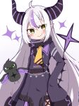  1girl ahoge bangs belt black_horns blush braid braided_bangs crow_(la+_darknesss) demon_girl demon_horns eyebrows_visible_through_hair hair_between_eyes hand_on_hip hololive horns la+_darknesss long_hair looking_at_viewer multicolored_hair necktie pointy_ears purple_hair rabiiandrain silver_hair sleeves_past_fingers sleeves_past_wrists smile solo streaked_hair striped_horns v-shaped_eyebrows very_long_hair virtual_youtuber yellow_eyes yellow_necktie 