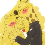  2021 anthro blush bow_tie clothing duo embrace eyes_closed eyewear giraffe giraffid glasses hug humanoid_hands kemono kensuke_shibagaki_(odd_taxi) male mammal natsumeggggg odd_taxi overweight overweight_male satoshi_nagashima_(odd_taxi) shirt suid suina sus_(pig) topwear wild_boar 