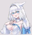  1girl animal_ear_fluff animal_ears argyle argyle_cutout bangs bare_shoulders blue_bow blue_eyes blue_ribbon blush bow breasts cat_ears cat_girl cleavage clothing_cutout detached_collar detached_sleeves dobrynya_nikitich_(fate) dress fate/grand_order fate_(series) fur_trim hair_bow hairband highres large_breasts long_hair looking_at_viewer low_ponytail open_mouth ribbon short_dress smile solo white_dress white_hair yuzu_(yuzu_ss_31019) 