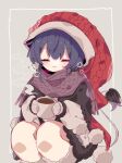  1girl :3 bangs closed_eyes closed_mouth cup doremy_sweet eyebrows_visible_through_hair facing_viewer fur_trim grey_background hat highres holding holding_cup long_sleeves looking_at_viewer nightcap pom_pom_(clothes) purple_hair purple_scarf red_headwear roamu_65 scarf short_hair sitting smile solo squatting tail tapir_tail touhou 