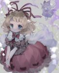  1girl ayahi_4 back_bow bangs black_bow black_bowtie black_skirt blonde_hair blue_eyes blurry boots bow bowtie brown_shirt closed_mouth collar collared_shirt doll eyebrows_visible_through_hair eyes_visible_through_hair fairy_wings flower flying frills grey_background hair_between_eyes hair_bow hairband leaf looking_at_another looking_at_viewer medicine_melancholy puffy_short_sleeves puffy_sleeves purple_flower red_bow red_bowtie red_hairband red_shirt red_skirt shirt short_hair short_sleeves simple_background skirt solo standing su-san touhou white_bow white_flower white_footwear wings 