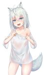  1girl :d animal_ear_fluff animal_ears aoinu_(aoinu_99) blue_eyes breasts highres monochrome_background naked_shirt off_shoulder open_mouth original oversized_clothes oversized_shirt see-through shirt short_hair short_sleeves silver_hair simple_background smile tail white_background white_shirt 