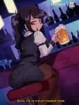  1990s_(style) 1girl alcohol bar bar_stool beer beer_mug black_hair black_legwear black_skirt bluethebone brown_eyes cigarette commentary cup dutch_angle english_commentary from_behind highres indoors jill_stingray juliet_sleeves long_hair long_sleeves looking_at_viewer looking_back mug pantyhose patreon_username pencil_skirt puffy_sleeves retro_artstyle sitting skirt smoke smoking solo stool subtitled thighband_pantyhose va-11_hall-a 