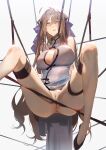  1girl absurdres ahoge bangs breasts brown_hair chinese_clothes hair_ornament highres legs_up long_hair original purple_eyes pussy tefco thigh_strap white_background 