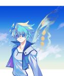  1boy aqua_hair arthropod_boy butterfly_wings compound_eyes cropped_jacket highres jacket johan_andersen male_focus monsterification open_clothes open_jacket shirt short_hair sky smile solo ssbaby upper_body white_shirt wings yu-gi-oh! yu-gi-oh!_gx 