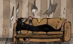  anthro black_clothing brown_body brown_hair clothing depressing didelphid facial_hair fangs filthy furniture hair hi_res jason_wallace long_hair lying makaronnie male mammal marsupial sad smoking sofa solo striped_wall stubble table wallpaper_(decoration) 