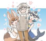  3girls animal_ear_fluff animal_ears aqua_eyes aqua_hair arms_behind_back bangs bare_arms bare_shoulders behind_another blowhole blush bow bowtie brown_hair claw_pose closed_eyes common_dolphin_(kemono_friends) dhole_(kemono_friends) dog_ears dog_girl dog_tail dolphin_girl dolphin_tail dorsal_fin dress eyebrows_visible_through_hair facing_viewer fang fangs fins flying_sweatdrops glasses gloves grey_eyes grey_hair hair_between_eyes hand_up head_fins height_difference highres japari_symbol kemono_friends kemono_friends_3 leaning_to_the_side leggings long_sleeves looking_at_viewer medium_hair meerkat_(kemono_friends) meerkat_ears meerkat_tail multicolored_hair multiple_girls nervous_smile open_mouth parted_lips shirt short_dress skirt sleeveless sleeveless_dress sleeveless_shirt smile sweater tail tail_fin tamurambo white_hair 