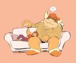  bottomwear bowser clothing cousineggplant duo eyewear facial_hair furniture glasses hair hi_res horn human koopa luigi lying male mammal mario_bros mustache nintendo red_hair scalie shell shorts sitting sleeping sofa spikes video_games 