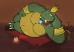  2019 anthro banana_peel belly crown dippubear donkey_kong_(series) green_body hi_res humanoid_hands king_k._rool kremling lying male navel nintendo overweight overweight_male scalie solo video_games 