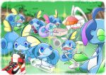  albino alternate_color blue_eyes blush border bottle bright_pupils closed_mouth commentary_request dated day drizzile frown grass holding leaf nose_bubble open_mouth outdoors pokemon shiny_pokemon shoes shoes_removed smile sneakers sobble sparkle spork takigawa_geenito tongue visor_cap white_pupils 