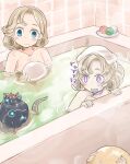  3girls abyssal_ship anzio_princess bathing bathtub blonde_hair blue_eyes blush closed_mouth collarbone enemy_naval_mine_(kancolle) enjaku_izuku highres janus_(kancolle) jervis_(kancolle) kantai_collection multiple_girls partially_submerged purple_eyes short_hair smile tentacles tile_wall tiles 