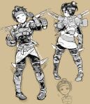  1girl :3 absurdres apex_legends armor bangs brown_background cloud_marauder_valkyrie gloves headband highres jetpack leaning_to_the_side looking_back missile_pod monochrome multiple_views obi one_eye_closed parted_bangs ponytail sash sketch smile uncleduk valkyrie_(apex_legends) 