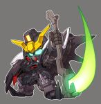  beam_scythe blue_eyes chibi glowing glowing_eyes grey_background gundam gundam_deathscythe_hell_custom gundam_wing gundam_wing_endless_waltz holding holding_scythe mecha mechanical_wings mobile_suit scythe solo standing susagane v-fin wings 