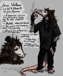  absurd_res anthro baggy_clothing black_clothing brown_hair clothing didelphid english_text eye_bags facial_hair fangs grey_body hair hatching hi_res jason_wallace long_hair makaronnie male mammal marsupial smoking solo standing stubble text 