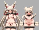  2girls :&gt; absurdres anger_vein angry animal_ears animal_hands ass_visible_through_thighs awesomeerix bikini black_bikini blush breasts cameltoe cat_tail chest_jewel claw_pose claws cleavage dual_persona embarrassed fur_bracelet fur_collar gloves grey_background highres long_hair looking_to_the_side low_twintails multiple_girls navel nia_(blade)_(xenoblade) nia_(xenoblade) open_mouth paw_gloves short_hair simple_background small_breasts stomach swimsuit tail thigh_gap thighlet twintails very_long_hair xenoblade_chronicles_(series) xenoblade_chronicles_2 yellow_eyes 