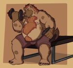  2019 anthro belly bottomwear brown_body clothing dippubear exercise hi_res humanoid_hands hyaenid male mammal moobs nipples overweight overweight_male shorts sitting solo workout 