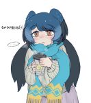  1girl alternate_costume anoponp bangs bird_wings black_hair blue_hair blue_scarf blush empty_eyes head_wings japari_symbol kemono_friends long_hair long_sleeves multicolored_clothes multicolored_hair multicolored_scarf open_mouth orange_eyes passenger_pigeon_(kemono_friends) scarf skirt solo sweater translation_request wings 