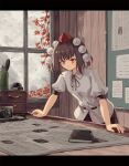  autumn_leaves black_ribbon black_skirt board branch brown_hair bunbunmaru camera cloud collared_shirt drawer hat highres indoors ink ink_bottle light_blush mountain newspaper notebook ookashippo paper pen pom_pom_(clothes) puffy_short_sleeves puffy_sleeves quill red_eyes ribbon shameimaru_aya shirt short_hair short_sleeves skirt smile table tokin_hat touhou white_shirt window wooden_wall 
