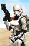  1girl armor backpack bag black_gloves breastplate clenched_hand galactic_empire gloves gun head_tilt helmet holding holding_gun holding_weapon izo_(bjc000510) looking_down solo star_wars stormtrooper weapon 