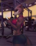  2021 5_fingers anthro aozee athletic athletic_anthro athletic_female beastars big_breasts black_nose bottomwear bra breasts brown_body brown_fur butt canid canine canis cellphone clothed clothing digital_media_(artwork) female fingers fur gym hi_res holding_cellphone holding_object holding_phone holding_smartphone juno_(beastars) looking_at_object looking_at_phone mammal multicolored_body multicolored_fur muscular muscular_anthro muscular_female phone shorts signature smartphone solo sports_bra tan_body tan_fur texting thick_thighs two_tone_body two_tone_fur underwear wolf 