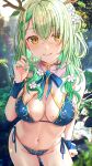  1girl bangs bare_shoulders bikini blue_bikini blush breasts ceres_fauna cleavage green_hair highres hololive hololive_english horns large_breasts long_hair looking_at_viewer navel saruei smile solo swimsuit thighs virtual_youtuber yellow_eyes 
