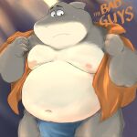  2021 anthro belly bodily_fluids clothed clothing cute_fangs dreamworks fish gomdepp hi_res humanoid_hands kemono male marine moobs mr._shark_(the_bad_guys) navel nipples open_clothing open_shirt open_topwear overweight overweight_male shark shirt solo sweat the_bad_guys topwear underwear 