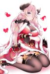  1921494015 1girl absurdres belt black_gloves blue_eyes bow breasts brown_legwear christmas draph fur_trim gloves granblue_fantasy hair_bow hair_ornament hair_over_one_eye heart highres holly_hair_ornament horns large_breasts leotard long_hair low-tied_long_hair narmaya_(granblue_fantasy) pink_hair pointy_ears pom_pom_(clothes) santa_dress sheer_leotard simple_background sitting smile snowman_hair_ornament solo thighhighs very_long_hair wariza white_background zettai_ryouiki 