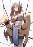  1girl absurdres ahoge bangs breasts brown_hair chinese_clothes hair_ornament highres legs_up long_hair original purple_eyes tefco thigh_strap white_background 