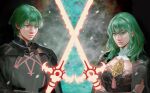  1boy 1girl armor black_cape byleth_(fire_emblem) byleth_(fire_emblem)_(female) byleth_(fire_emblem)_(male) cape closed_mouth detached_collar fire_emblem fire_emblem:_three_houses green_eyes green_hair highres holding holding_sword holding_weapon looking_at_viewer pauldrons shoulder_armor simple_background sword sword_of_the_creator vijoux weapon 