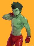  1boy bare_pectorals bare_shoulders beast_boy_(dc) commentary_request dc_comics gloves muscular muscular_male navel pectorals red_gloves short_hair solo teen_titans teenage torakichi_(ebitendon) 