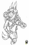  2017 ambiguous_gender anthro biped canid canine clothing gas_mask gloves handwear hi_res knee_pads mammal mask ranged_weapon rocket_launcher sketch solo standing weapon wolfdawg 
