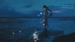  1boy black_hair blue_theme boots bug butterfly chinese_clothes covered_face fireflies floating_hair glowing glowing_butterfly hanfu highres long_hair long_sleeves male_focus nature night night_sky ocean outdoors rock shore sky solo standing standing_on_one_leg the_legend_of_luo_xiaohei tiptoes very_long_hair waves wuxian_(the_legend_of_luoxiaohei) ye_(ran_chiiipye) 