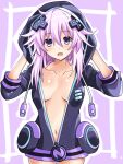  1girl :d adult_neptune arms_behind_head black_jacket blush breasts covered_nipples cowboy_shot d-pad d-pad_hair_ornament exhibitionism hair_between_eyes hair_ornament hands_up happy highres hood hood_up hooded_jacket iwashi_dorobou_-r- jacket long_hair long_sleeves looking_at_viewer medium_breasts messy_hair midriff naked_jacket navel neptune_(series) no_bra open_clothes open_jacket partially_unzipped public_indecency purple_eyes purple_hair smile solo usb 