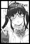  1girl ahoge black_border blush border bow bowtie circle_cut collared_shirt commentary_request glasses greyscale hand_up looking_at_viewer monochrome original parted_lips satetsu school_uniform shirt simple_background sleeves_past_wrists solo twintails upper_body v white_background wing_collar 