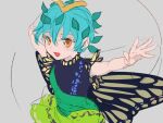  1girl antennae aqua_hair blush_stickers butterfly_wings chamaruku dress eternity_larva fairy green_dress hair_between_eyes leaf leaf_on_head multicolored_clothes multicolored_dress open_mouth orange_eyes outstretched_arms short_hair short_sleeves single_strap sketch smile solo spread_arms touhou upper_body wings 