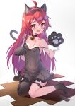  1girl @_@ absurdres ahoge animal_ear_fluff animal_ears animal_hands bangs bell black_camisole black_legwear black_panties blush bow camisole cat_ears cat_tail eris_greyrat eyebrows_visible_through_hair fake_animal_ears gloves gradient_hair hair_between_eyes hair_bow hands_up highres kneeling looking_at_viewer monochrome_background multicolored_hair mushoku_tensei neck_bell open_mouth panties paw_gloves paw_pose paw_print petite purple_hair red_eyes red_hair sakutaishi see-through signature simple_background solo string_panties tail tail_raised thighhighs thighhighs_pull underwear white_background 