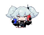  1girl ^3^ bangs blue_hair blush build_driver can chibi coca-cola cosplay crossover drink girls&#039;_frontline highres holding kamen_rider kamen_rider_build kamen_rider_build_(cosplay) kamen_rider_build_(series) pa-15_(girls&#039;_frontline) pepsi_nex shanyao_jiang_tororo simple_background soda_can twintails upper_body white_background 