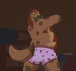  2020 anthro belly black_nose brown_body brown_fur butt clothing dippubear fur hi_res hyaenid male mammal overweight overweight_male solo underwear 