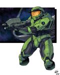  1boy assault_rifle bullpup cropped_legs english_commentary ethandoesathing gun halo:_combat_evolved halo_(series) helmet highres holding holding_gun holding_weapon ma5 male_focus master_chief power_armor rifle science_fiction solo space spartan_(halo) visor weapon 