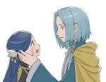  1boy 1girl black_robe blue_hair blue_robe blush cape ferdinand_(honzuki_no_gekokujou) flower hair_flower hair_ornament hand_on_another&#039;s_face hetero highres honzuki_no_gekokujou maine_(honzuki_no_gekokujou) open_mouth robe simple_background tate_yukimi white_background yellow_cape 