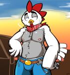  anthro avian avian_caruncle bandanna belly bird bodily_fluids chicken comb_(anatomy) farmer feathers galliform gallus_(genus) head_crest hi_res kerchief male navel nipples pecs phasianid shirtless slightly_chubby solo sweat tired tools tricktrashing white_body white_feathers wrench 