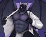  2021 anthro black_body bulge clothed clothing dippubear dragon hi_res humanoid_hands jockstrap male muscular muscular_male nipples open_clothing open_shirt open_topwear shirt solo topwear underwear undressing wings 