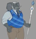  2021 anthro beard belly bottomwear clothing elephant elephantid facial_hair grey_body horrorbuns humanoid_hands male mammal mature_male necktie overweight overweight_male pants proboscidean shirt simple_background solo staff sweater sweater_vest topwear vest 