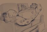  2021 anthro belly clothing dippubear food furniture hi_res hyaenid lying male mammal moobs nipples overweight overweight_male sofa solo underwear 