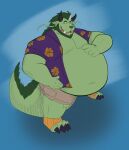  2021 anthro belly big_belly blue_background bottomwear clothed clothing dippubear dragon eyewear glasses green_body hi_res humanoid_hands male navel obese obese_male open_clothing open_shirt open_topwear overweight overweight_male shirt shorts simple_background solo topwear 