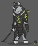  anthro armor biped canid canine canis clothed clothing fully_clothed grey_background male mammal medieval melee_weapon runes simple_background solo standing sword weapon wolf wolfdawg 